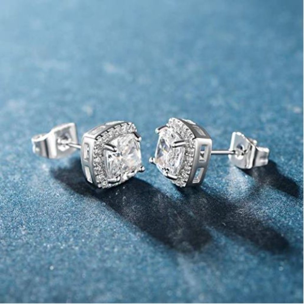 18K White Gold Plated Square Cubic Zircon 6mm Stud - Picture 3 of 15